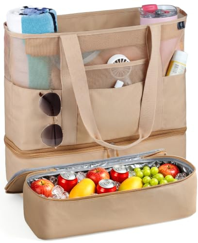 2-in-1 XXL Strandtasche mit Kühlfach – Große Badetasche mit Reißverschluss | Wasserfest Faltbare Beach Bag für Familie, Schwimmbad, Reisen & Picknick - Schwarz/Sandfarbe