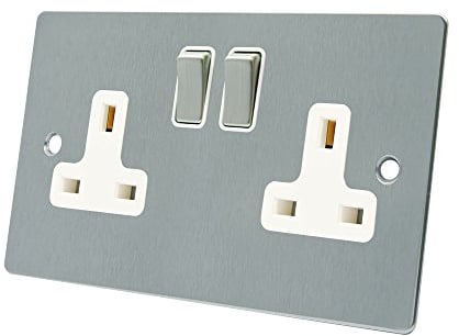 AET FSC2GSOCWS Satin Chrome Flat 2 Gang White Insert Metal Rocker Switches-13 Amp Double Plug Socket, 240 V