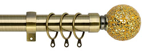 Mosaic Ball Extendable Curtain Pole. Includes Pair Of Superior 60mm Size Finials, Rings, Brackets & Fittings Set. (Antique Brass, 70cm - 120cm, 28 inch to 48 Inch)