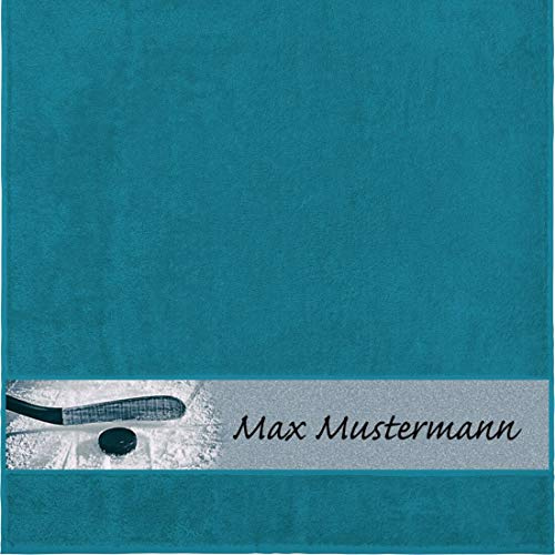 Manutextur Duschtuch Mit Namen - Personalisiert - Sport Motiv Eishockey - Viele Farben - Dusch-Handtuch - Petrol - Größe 70x140 cm - Persönliches Geschenk Mit Wunsch-Name