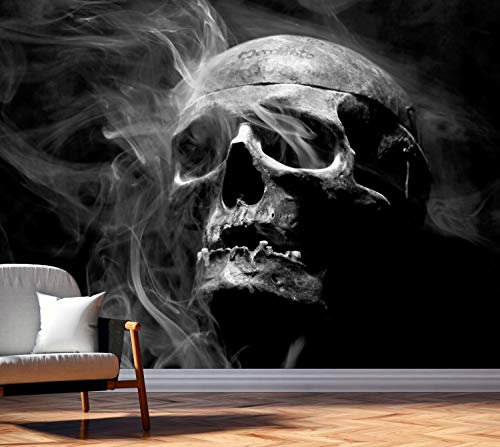 Vlies Tapete XXL Poster Fototapete Totenkopf Rauch Totenschädel Farbe schwarz weiß, Größe 200 x 150 cm