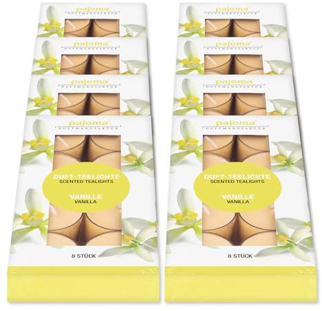 pajoma® Teelichte 8er Pack, Vanille | 64 Duft-Teelichte in Polycarbonathülle, Brenndauer ca. 4 Stunden - Höhe 1,5 cm ø 3,5 cm | Premium Qualität | Deko, Gastronomie, Outdoor, Windgläser, Hochzeit