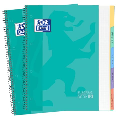 Oxford - Quaderni A4 a quadretti 5 x 5 con 5 divisori, confezione da 2 pezzi, microperforati, copertine extra rigide, 100 fogli, 90 g, colore menta