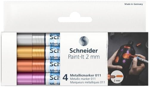 Schneider Paint-It Metallicmarker 4er Set (Set 2, Strichstärke 2 mm, neue Pigmenttechnologie, starker Glitzereffekt) silber, gold, kupfer, violett