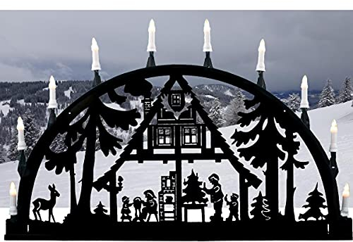 Metallschwibbogen Waldhaus aus Aluminium inkl. Lichterkette mit 10 Kerzen und Erdspießen, Pulverbeschichtet in RAL 9005 (schwarz) BxH 100x50cm NEU Schwibbogen Leuchterbogen Lichterbogen