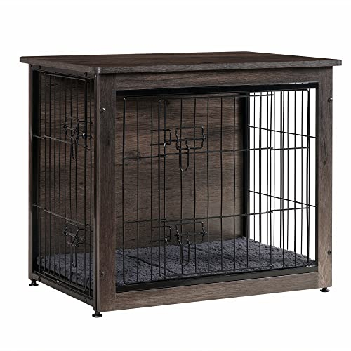 DWANTON Cage pour Chien avec Coussin, Caisse en Bois avec Double Portes, Niche pour Chien de Petite, Moyenne et Grande Taille, Table d'appoint, Taille S, 69,1 cm de Long, Gris foncé
