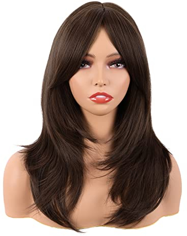 MapofBeauty 20 Zoll/50 cm Länge Layered Mit Pony Gerade Synthetische Faser Shoulder Lange Haarfasern für Täglich Perücke (Braun)