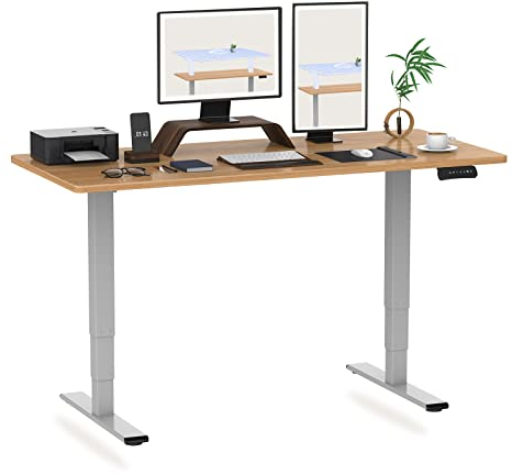 FLEXISPOT Höhenverstellbarer Schreibtisch Elektrisch,3-Fach Teleskop&Dual-Motor,Belastbarkeit 160 KG,Bürotisch mit Memory-Funktion&Anti-Kollisionssystem(140 x 80 cm Ahorn, Gestell Grau)