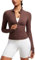 CRZ YOGA Damen Butterluxe Full Zipper Sport Jacke Zip Tasche Crop Running Laufjacke Gym Langarmshirt Sweatjacke mit Daumenloch Taupe 38