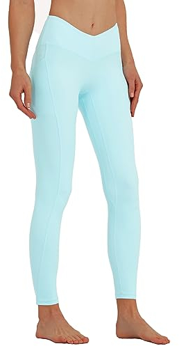 sissycos Damen V-Taille Leggings High Waist mit Taschen 71CM，Blickdicht Freizeit Yogahose Lang für Laufen Fitness Sport Yoga Gym(Kreide Blau,XL)