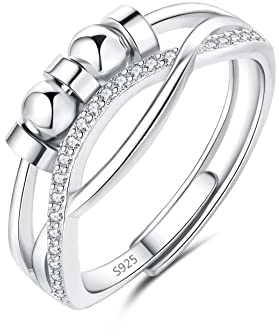 Cangall Silber Anxiety Rings, 925 Sterling Silber Damen Angst Rings, Offen Einstellbar Anti Stressringe Dekompressionsringe, Unendlichkeit Silber Anxiety Fidget Ring Angstringe mit Band & Zirkonia