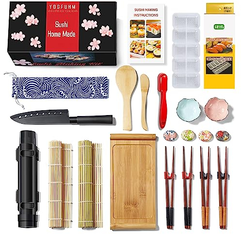 YDGFUHM Deluxe Sushi Making Kit 25-in-1 Bazooka Roller Set, Bamboo Mat,Knife,Sauce Tray,Japanese Sashimi Sushi Bamboo Serving Geta Plate,and More - Perfect for Beginners