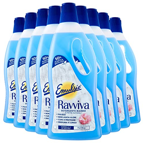 Emulsio Ravviva Marmo Detergente Pavimenti per Ceramica Granito Ardesia Resina Gres Pietre Naturali Formula a pH Neutro ad Azione Protettiva Profumo di Fiori Rosa a Lunga Durata - 9 Flaconi da 750ml