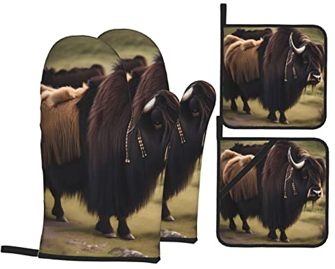Mighty Highland Yak Ofenhandschuhe und Topflappen-Set, hitzebeständige Handschuhe und heiße Pads, wasserdicht, Polyester, modisch, Mikrowellen-Handschuhe, sicher zum Backen, Kochen, Grillen