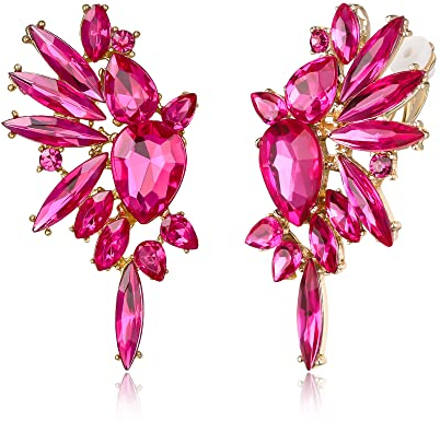 EVER FAITH Flügel Kristall Ohrclips Mode Statement Ohrringe Art Deco bunte Marquise Tropfen Braut baumeln Clip-on für Damen Hot Pink Gold-Ton