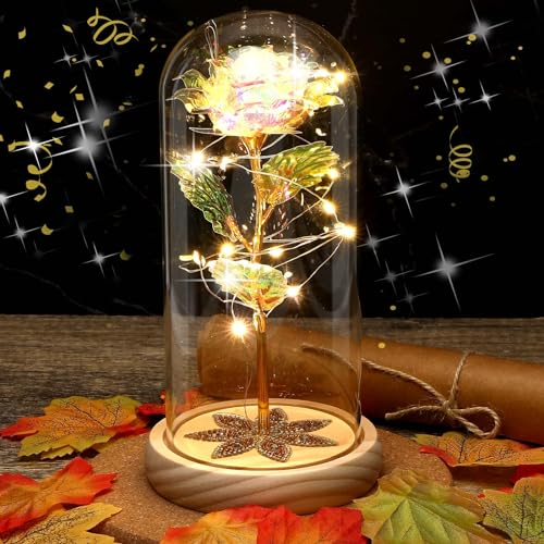 Ewige Rose im Glas, Ewige Rose Geschenke mit LED-Licht, Glaskuppel, Holzsockel, mit Einer wunderschönen Geschenkbox, Lange Haltbarkeit, für Frauen, Valentinstag, Muttertag, Hochzeit, Jubiläum