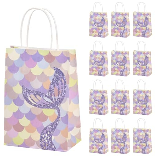 Nivofu 12 Stück Geschenktüten Bunt, Meerjungfrau Party Taschen, Papiertüten aus Kraftpapier mit Henkel, Gastgeschenke Tüten, Mitgebseltüten, Geschenktüten für Geburtstag - 15 * 8 * 21 cm
