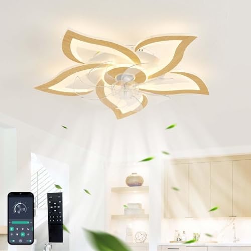 GWYAJTU Lampadario Con Ventilatore Da Soffitto Design Silenzioso Moderno Dimmerabile DC Reversibile 6 Velocità Ventilatore Da Soffitto Con Luce E Telecomando Per Camera Da Letto Salotto-Wood grain