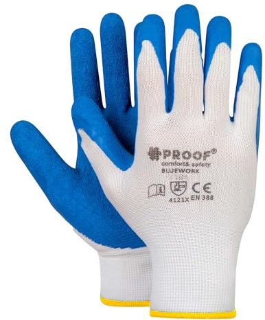 PROOF COMFORT & SAFETY - BLUEWORK Guantes de poliéster con revestimiento áspero de látex blanco y azul, 12 pares de talla 8, guantes protectores, guantes de trabajo para mecánicos, construcción