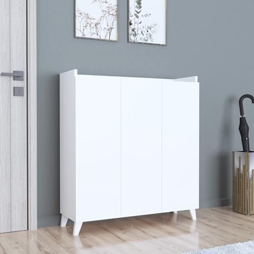 [en.casa] Armoire Basse avec 3 Portes Meuble de Rangement Polyvalente avec 8 Étagères Commode Meuble à Chaussures Bibliothèque Placard 104 x 90 x 30 cm Blanc