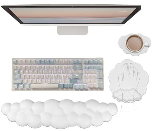 Cloud Wrist Rest Keyboard Cute Cloud Mouse Pad with Wrist Rest for Keyboard and Mouse Leather Cloud Wrist Pad Non-Slip Wrist Support for Computer Gaming Home Office Desk Decor Relief Pain White