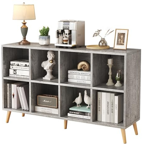 Flrrtenv 8-Cube Bookshelf 2 Tier Retro Bookcase with Legs, 120cm Wood Bookshelves Storage Organizer Shelf, Freestanding Open Book Shelves for Bedroom Living Room Office, Grey Oak