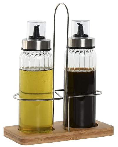 MGE - Set Distributeur Vinaigre, Huile avec Support en Acier Inoxydable - Set Huile et Vinaigre - Récipient en Verre - Ensemble Huilier Vinaigrier - Idéal pour Verser l’Huile d’Olive et Autres Liquide