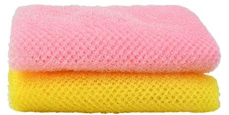 2 Pièces Filets de Douche en Éponge exfoliantes, Africain Gant de Toilette Exfoliant, Gommage Élastique pour Le Dos pour Corps Peau Plus Lisse pour Un Usage Quotidien(Jaune + Rose)