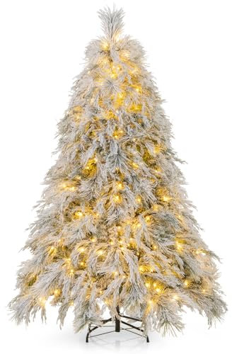 GYMAX 180 cm Albero di Natale Innevato con 250 Luci LED Bianche Calde, 519 Punte in PVC e PE, Decorazione Natalizia Ideale, Folto e Realistico, Base Pieghevole in Metallo, Montaggio Facile
