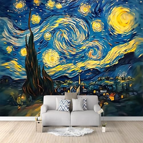 Papier Peint Mural Salon Ciel Étoilé Peinture À L'Huile Bleue 350x256 cm Papier Peint Panoramique Intissé Moderne, Décoration Murale Poster Tableaux Muraux Imprimé 3D Tapisserie Photo