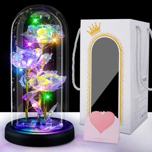 Geschenke für Frauen, Romantische Rosen für Frauen, Geburtstagsgeschenk für Mama, Valentinstag Rosen Geschenk Freundin Geburtstag,Die Schöne und das Biest Rose mit LED Licht, Ewige Rose im Glas, weiß