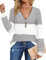 Gemulate Ladies Colorblock Jumper v Neck Sweaters for Women Autumn Casual Jumpers for Large Size Long Sleeve Tops Pullover Fashion Sweatshirts Tshirt W-Grey L