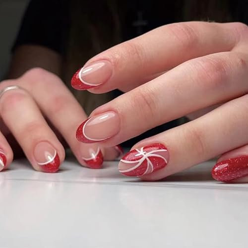 Fasle Nails for Christmas, Short Round Press on Nails with Glue Christmas 24pcs Red Strips Fake Nails Long Lasting Thick Gift for Women and Girls (L, 24pcs)