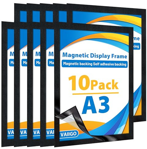 VAIIGO 10 Stück Magnetrahmen A3 Info-Rahmen Selbstklebend mit Magnetverschluss Informationsrahmen Schwarz