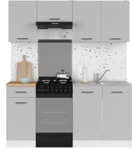 BLACK RED WHITE Küchenzeile Junona Line 170 cm mit Arbeitsplatte in hellgrauem Hochglanz komplett – Möbelkorpus in Beige, Grau und Weiß, kräftige 3,2/1,6 cm