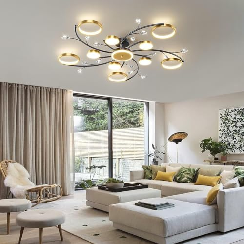 VTAMng Moderne LED Kristall Deckenlampe Eisen Schwarz Gold Blume Wohnzimmerlampe im nordischen Stil mit Fernbedienung Deckenleuchte im Kronleuchterstil geeignet für Schlafzimmer Arbeitszimmer Esszimme