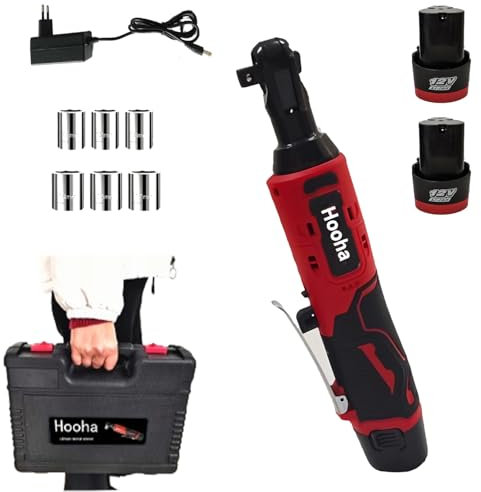 Hooha Elektrische Ratsche 12V Akku Ratschenschlüssel mit 2 x 2000mAh Batterien | 6 Steckschlüssel | Schnellladung Ladegerät | 65 Nm | 230 U/Min | LED-Licht | Tragbarer Werkzeugkoffer | Ca. 1,4 kg