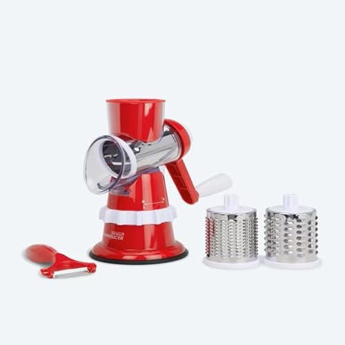 LIVINGTON Sumo Slicer Rot- 3 in 1 Trommelreibe - zum Raspeln, Schneiden, Reiben - Fixierfunktion - Multiraffel - Reibemaschine - Gemüsehobel - Mühle - Gemüseschneider
