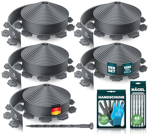 KESSER® Bordo flessibile in plastica, lunghezza 50 m, altezza 5 cm, con 325 ancoraggi e 5 paia di guanti, bordatura per aiuole, bordo per aiuole, bordo per falciare, pietre per pavimentazione, colore