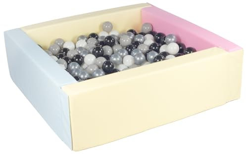 Velinda Piscine à balles carrée avec 300 balles, Cuir écologique, 5 éléments (Couleur de la Piscine/de balles: Rose, Bleu, Jaune (Pastel)/Noir, Blanc, Gris, Argent)