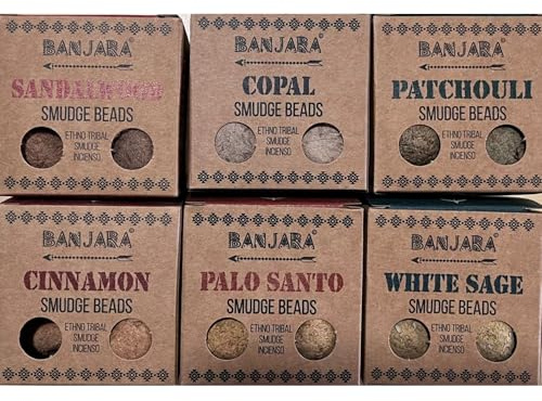 Surtido de 6 Bombitas Banjara de Incienso Aromáticas - Smudge Beads - Sandlawood, Copal, Patchouli, Canela, Palo Santo, Salvia Blanca
