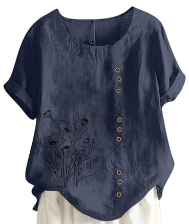 Linen T Shirt for Women UK Plus Size Elegant Cotton Rolled Short Sleeve Floral Shirts Dandelion Graphic T-Shirt Casual Summer Tee Lagenlook Tunic Tops Ladies Blouses Sale Clearance
