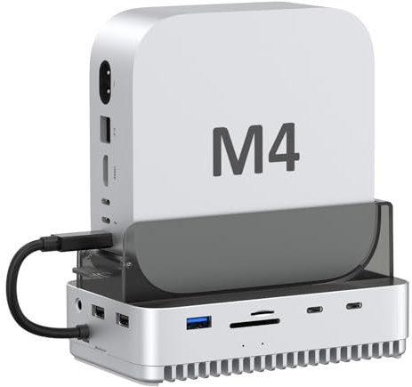 AKKYAJAURE Estación de acoplamiento vertical para Mac Mini M4 - USB4 40Gbps M.2 NVMe SSD y hub USB-C, aletas de aluminio, refrigeración sin ventilador, puertos USB-C de doble host, SD/TF 4.0, puerto