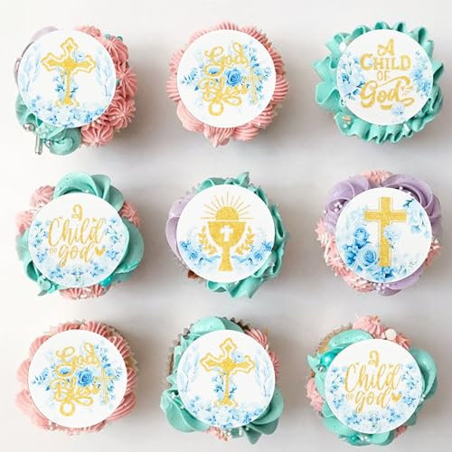 Gyufise 48Pcs Edible Baptism Cupcake Toppers Wafer Paper God Bless Cross Cupcake Picks First Holy Communion Christening Confirmation Religious Cupcake Picks for Baptism Party Decorations Blue