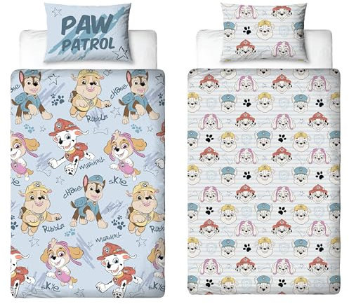 Paw Patrol Offizielles Kinder-Bettwäsche-Set, skizzenhaftes Design, wendbar, zweiseitig, blau, inkl. passendem Kissenbezug mit Rubble, Chase, Marshall und Skye