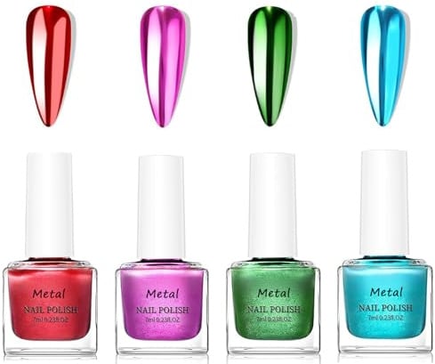 4Pcs Metallic Nagellack Set- Spiegelnagellack Chrom Fingernagellack Effect - Hochwertig Metallischer Spiegel Nagellack - Schnelltrocknend Langanhaltender Einfach zu Verwenden für Nail Art