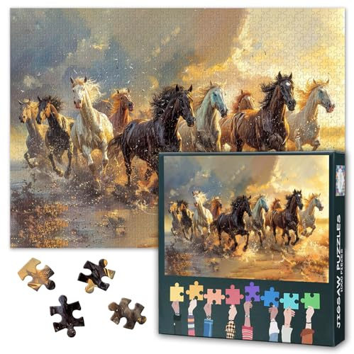 Jigsaw Puzzles for Adults 1000 Pieces - Horses Galloping on River in The Wild, 1000 Piece Puzzle for Adults - 27.5x19.7 In
