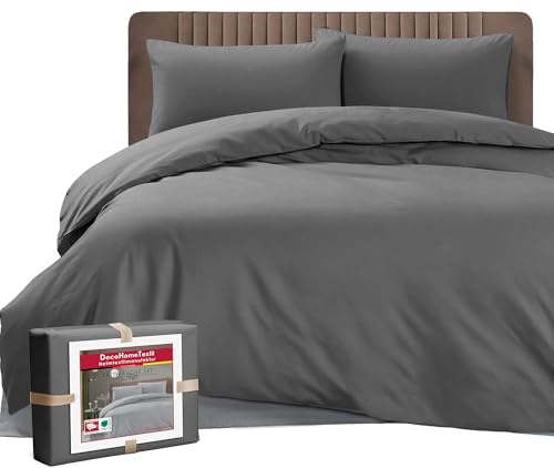 DecoHomeTextil Bettwäsche Set Bettgarnitur mit Reißverschluss Polycotton Uni Grau Anthrazit 1x Bettbezug 200 x 220 cm + 2X Kissenbezüge 80 x 80 cm