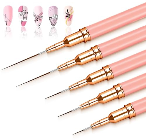 MOXYOY 5Pcs Nail Art Liner Brushes, Fine Thin Nail Art Brush Details Painting Nail Art Brush Tools Set for Long Lines, Fine Drawing Sizes 5/8/12/20/25 mm(Pink)
