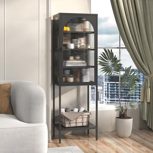 HaoChrymec Armoire Métallique avec Portes en Verre, Meuble de Rangement Modulaire, 5 Étages, Étagères Réglables, Idéale pour Cuisine, Salon, Bureau, Noir, H 160 cm × L 50 cm × P 35 cm